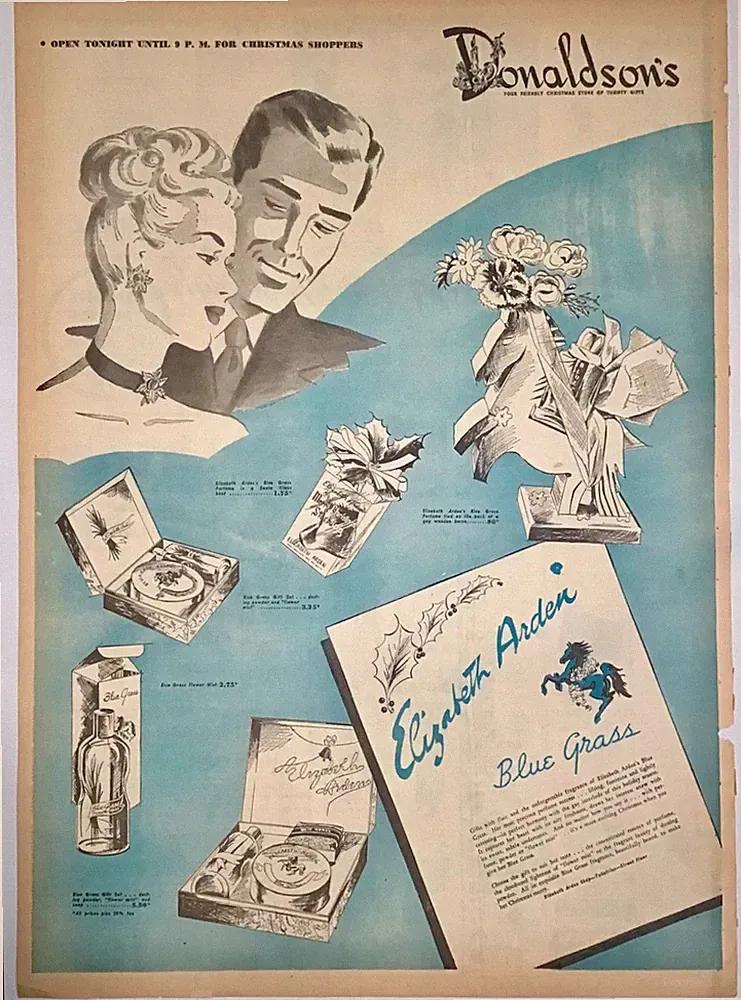 1945 full page newspaper ad for Elizabeth Arden Blue Grass perfumes - gift sets
