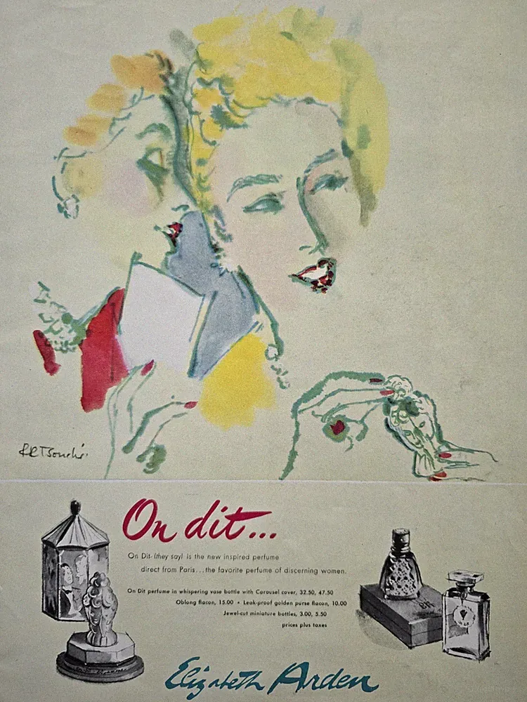 1947 Elizabeth Arden On Dit Perfume Vase Bottle Rene Bouche Art Ad