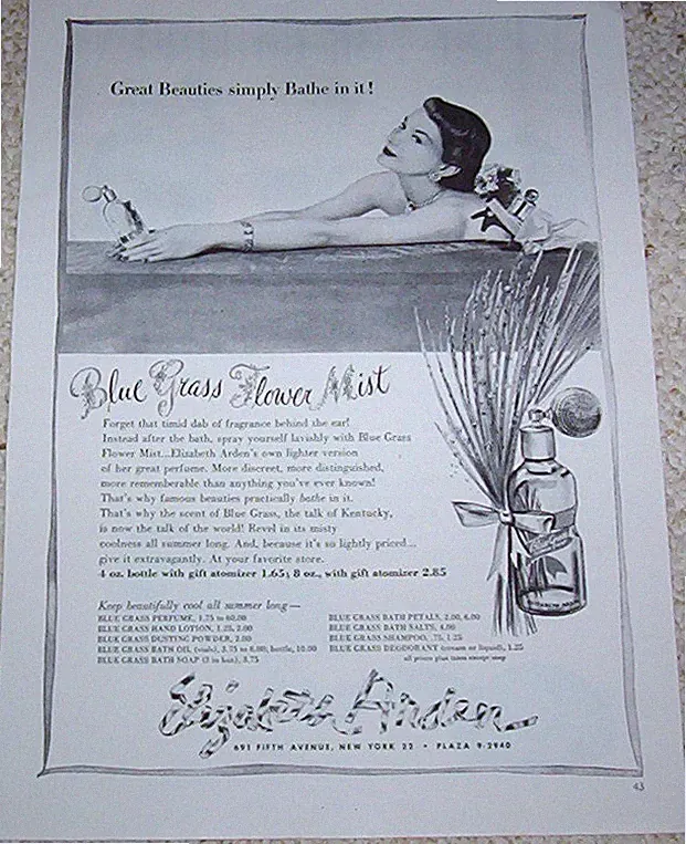 1950 vintage ad - Elizabeth Arden Blue Grass Flower perfume LADY print AD