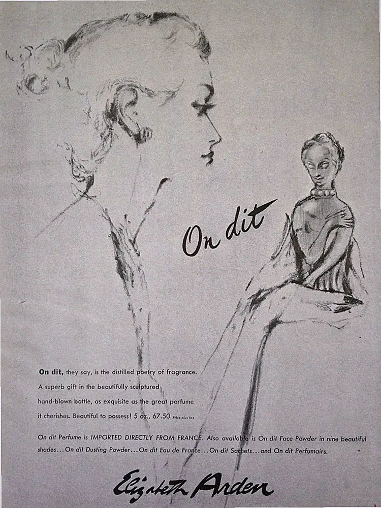 1952 Elizabeth Arden On Dit Perfume figural bottle vintage Art Ad