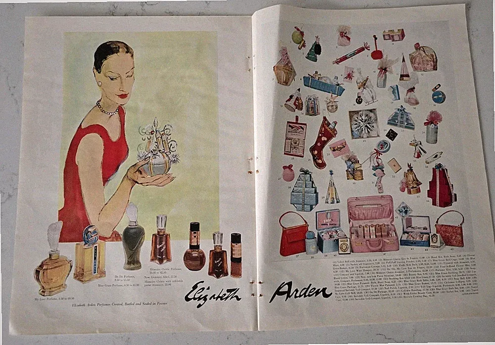 1956 Elizabeth Arden Perfumes Cosmetics Vintage Christmas Art 2 Page ad